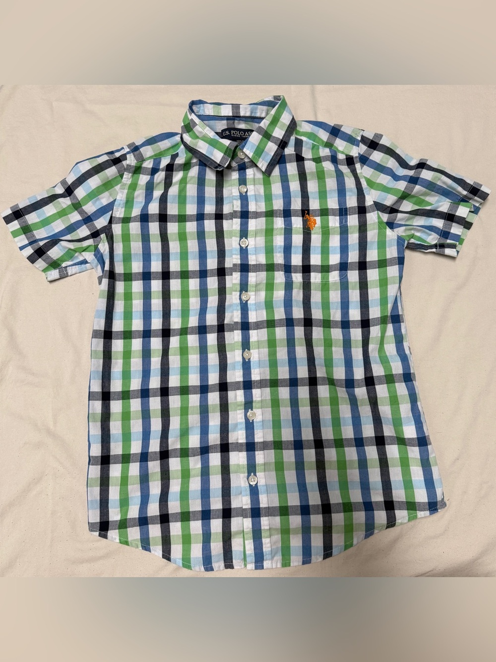 U.S. Polo Assn. Blue, Green & White Plaid Button-Down Shirt - Picture 1 of 4